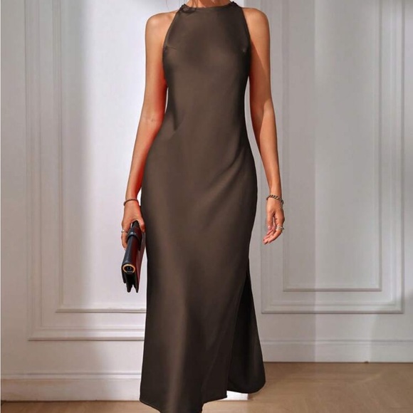 unbranded Dresses & Skirts - Sleek Brown Midi Slip Dress - Timeless Halter Style